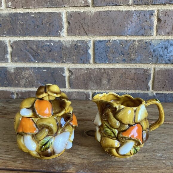 Mushroom Creamer and Sugar Vintage Relpo Midcentury Japanese Ceramic C-2122 READ - Picture 1 of 16